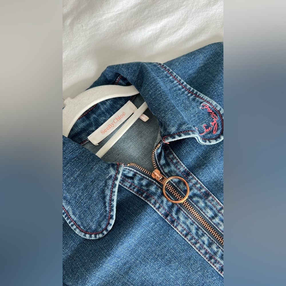 See by Chloé Dark Wash Denim Zip Front Mini Dress - Picture 3 of 4